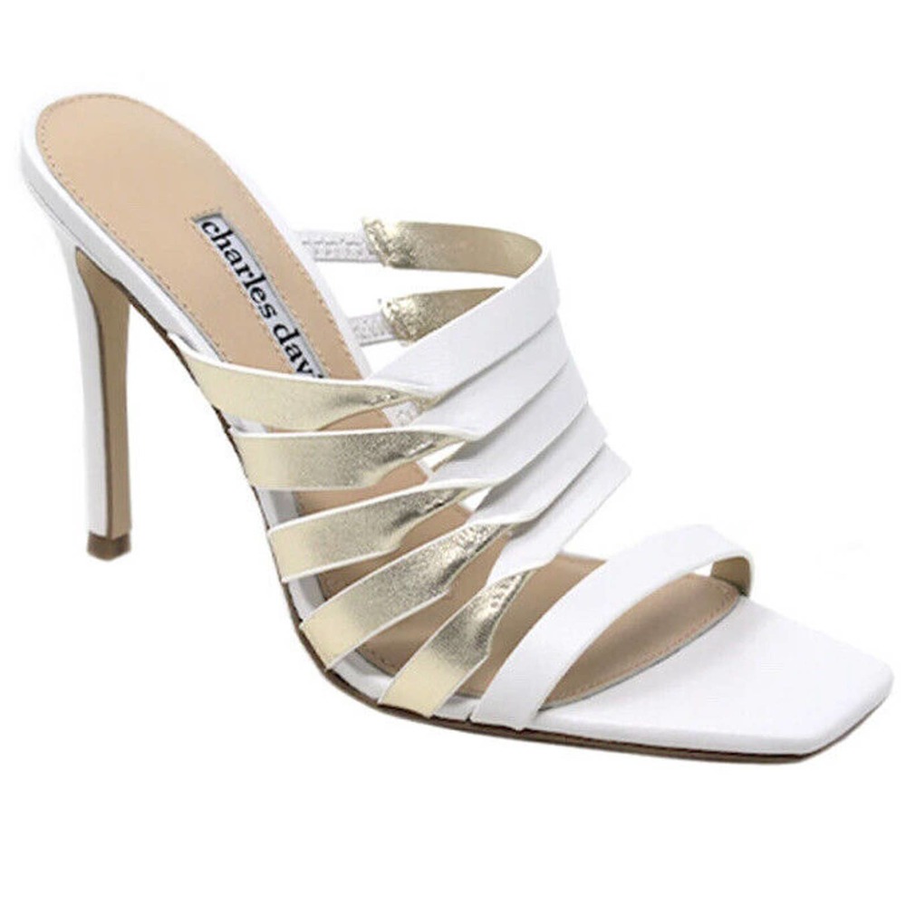 Charles David Vocal White/Gold Leather Metallic Heel Sandal Women’s Size 7.5 - Picture 1 of 10